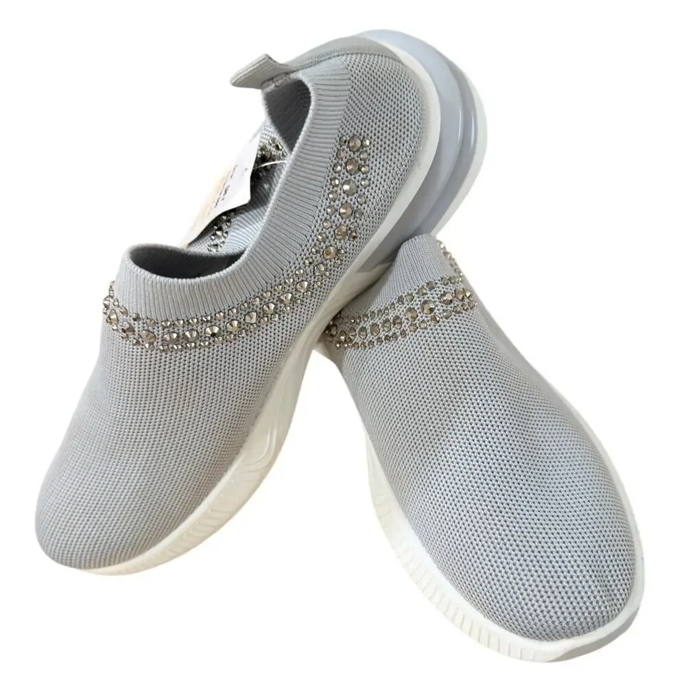 NEW Women's Rhinestone Slip-On Knit Sneakers Gray Size 10